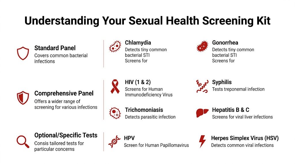 A chart explaining the different types of STI tests available in a sexual health screening kit.
