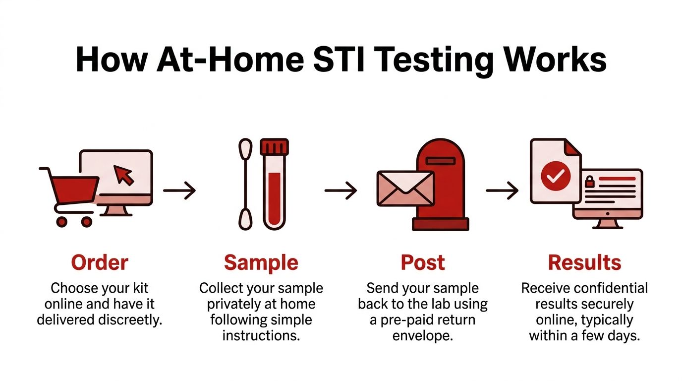 A four-step infographic showing how to use an at-home STI testing kit, from ordering to results.
