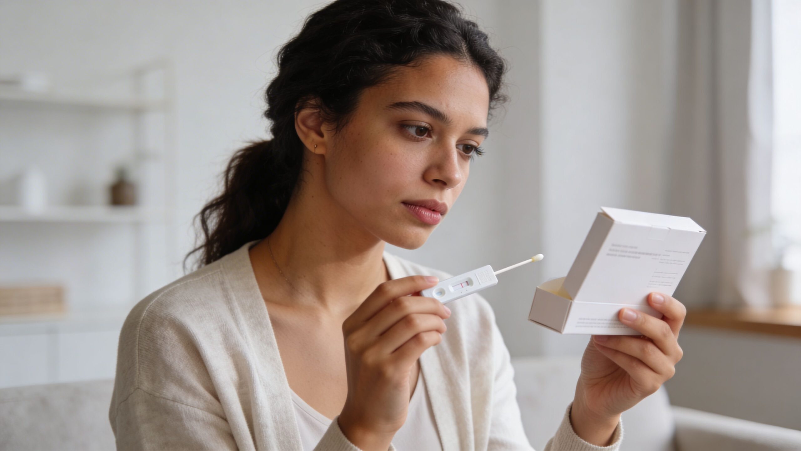 A young woman examining a rapid antigen swab test kit while sitting at home with focus.