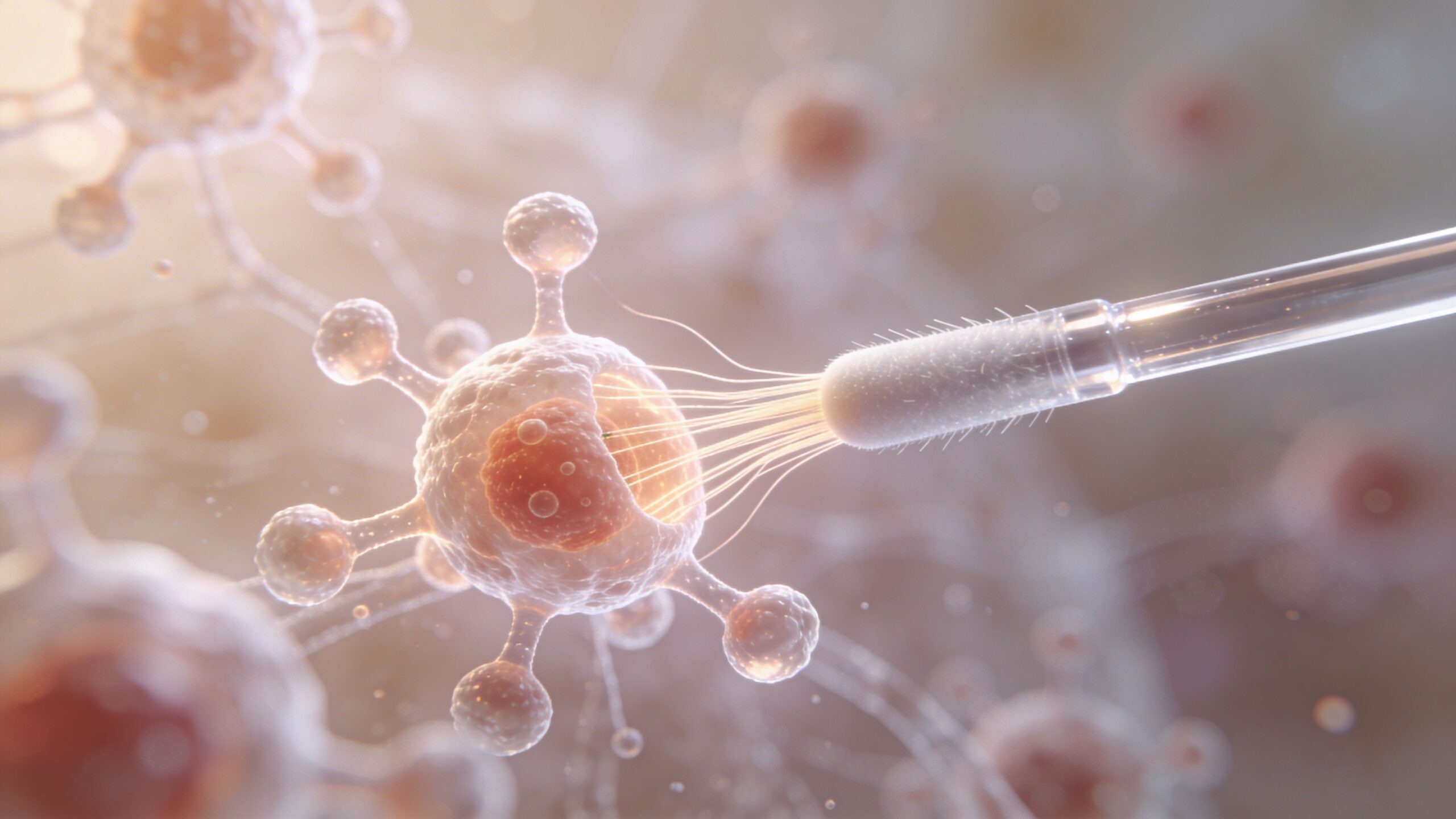 A microscopic view of a virus or cell being sampled with a medical swab test tool.