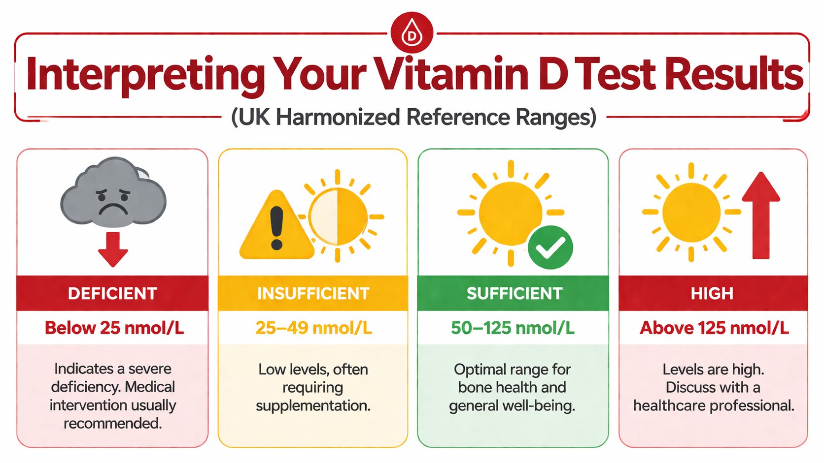 A chart illustrating UK Vitamin D test reference ranges from deficient to high levels.