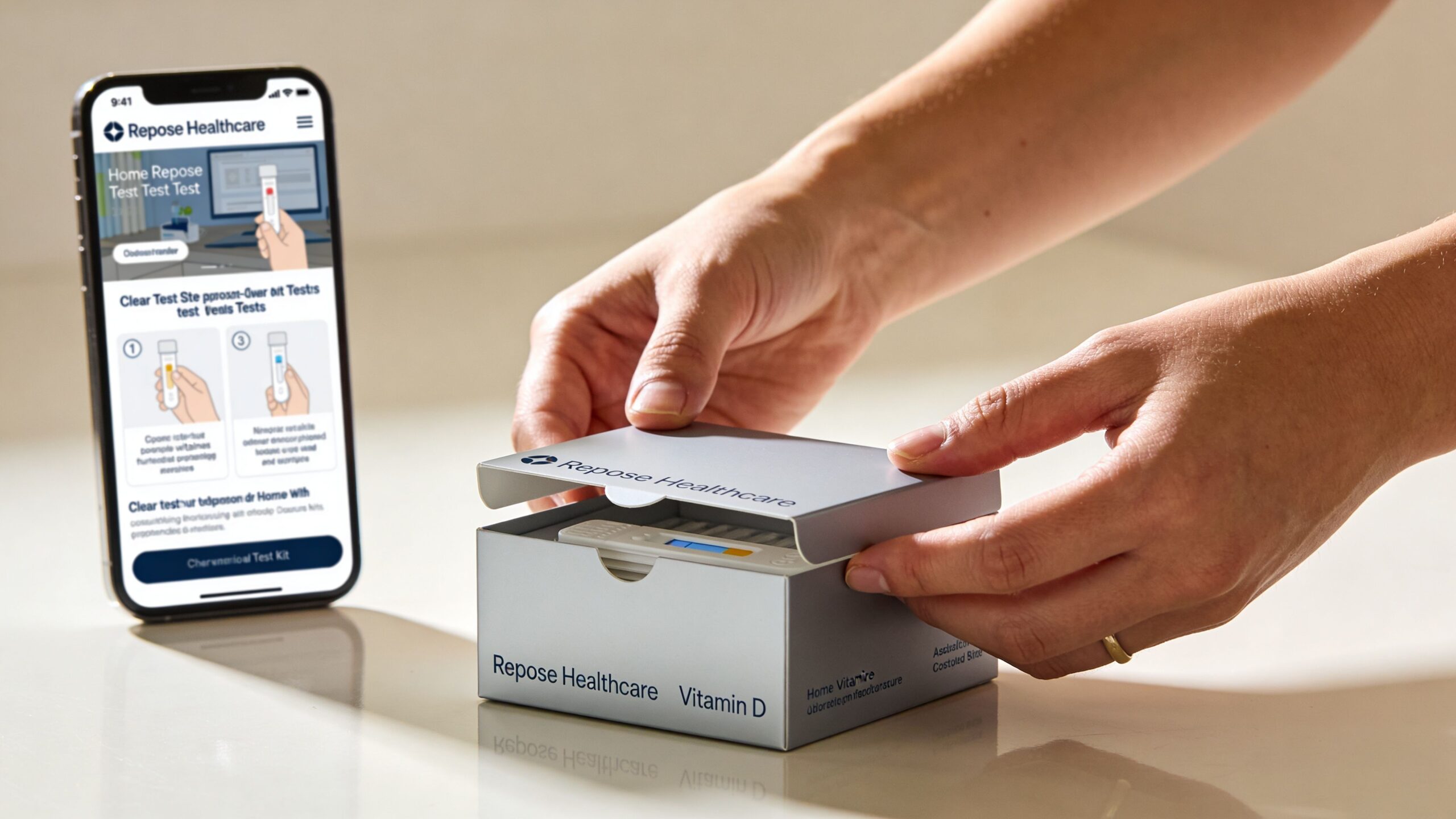 A person opening a Repose Healthcare vitamin D test kit box next to an app on a smartphone.