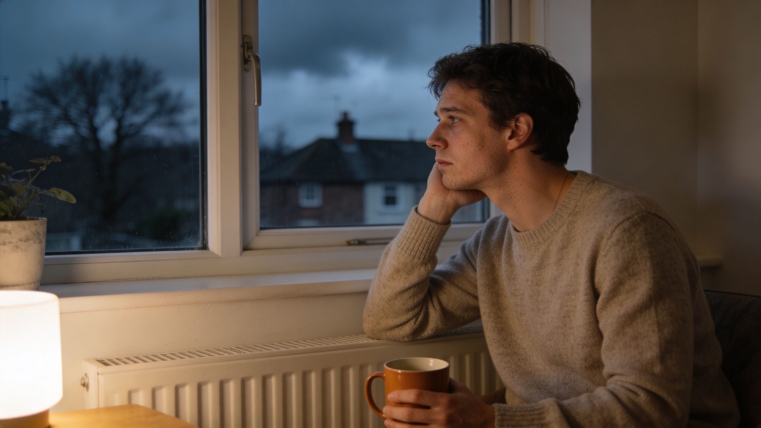 A young man sitting by a window at dusk looking thoughtful while holding a mug.