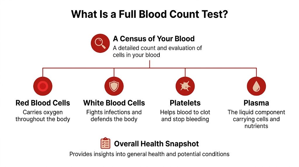 An infographic explaining a full blood count test, detailing its components like cells, platelets, and plasma.