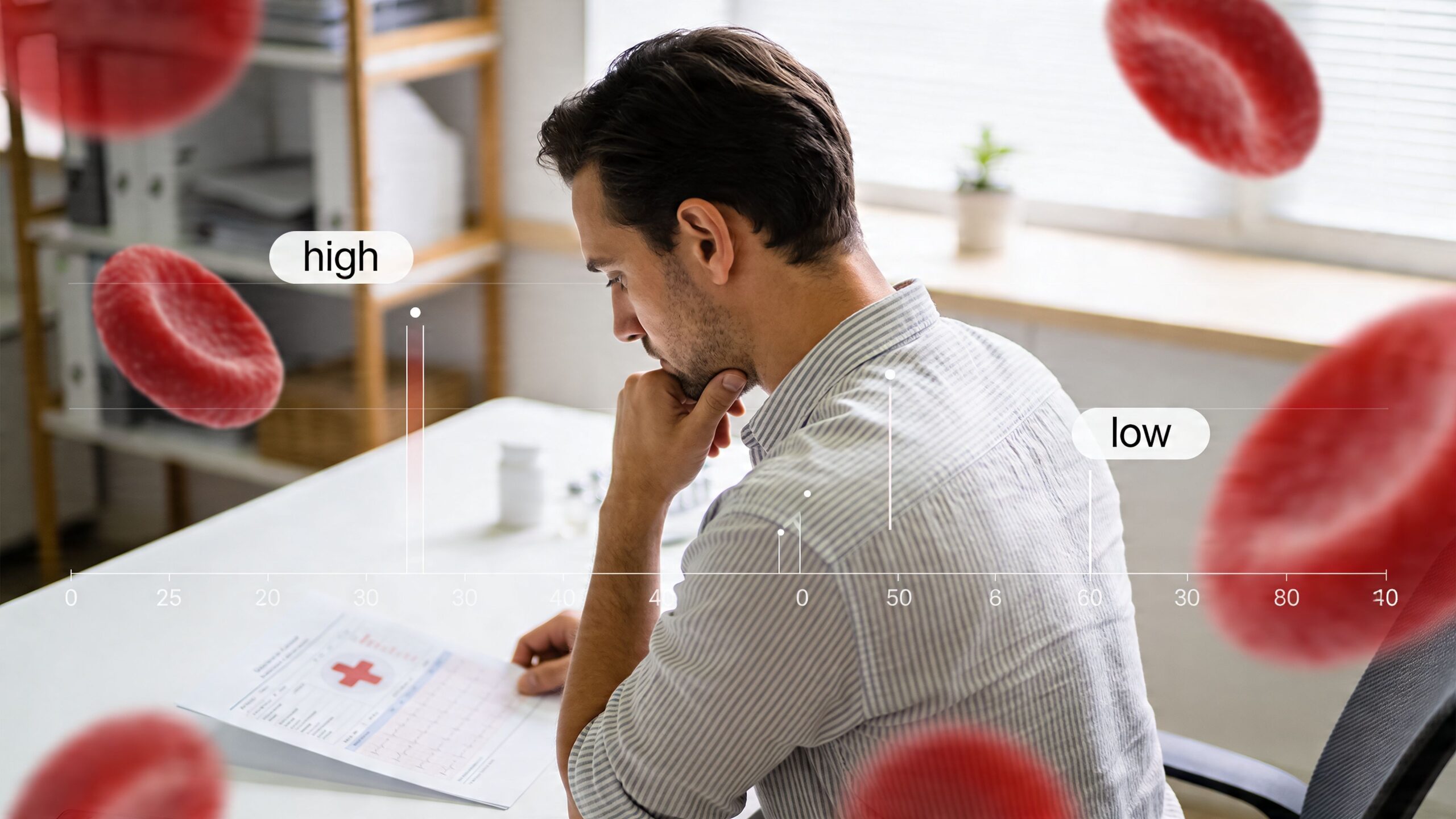 A man analyzing a medical report on his desk with red blood cell illustrations and data graphics.