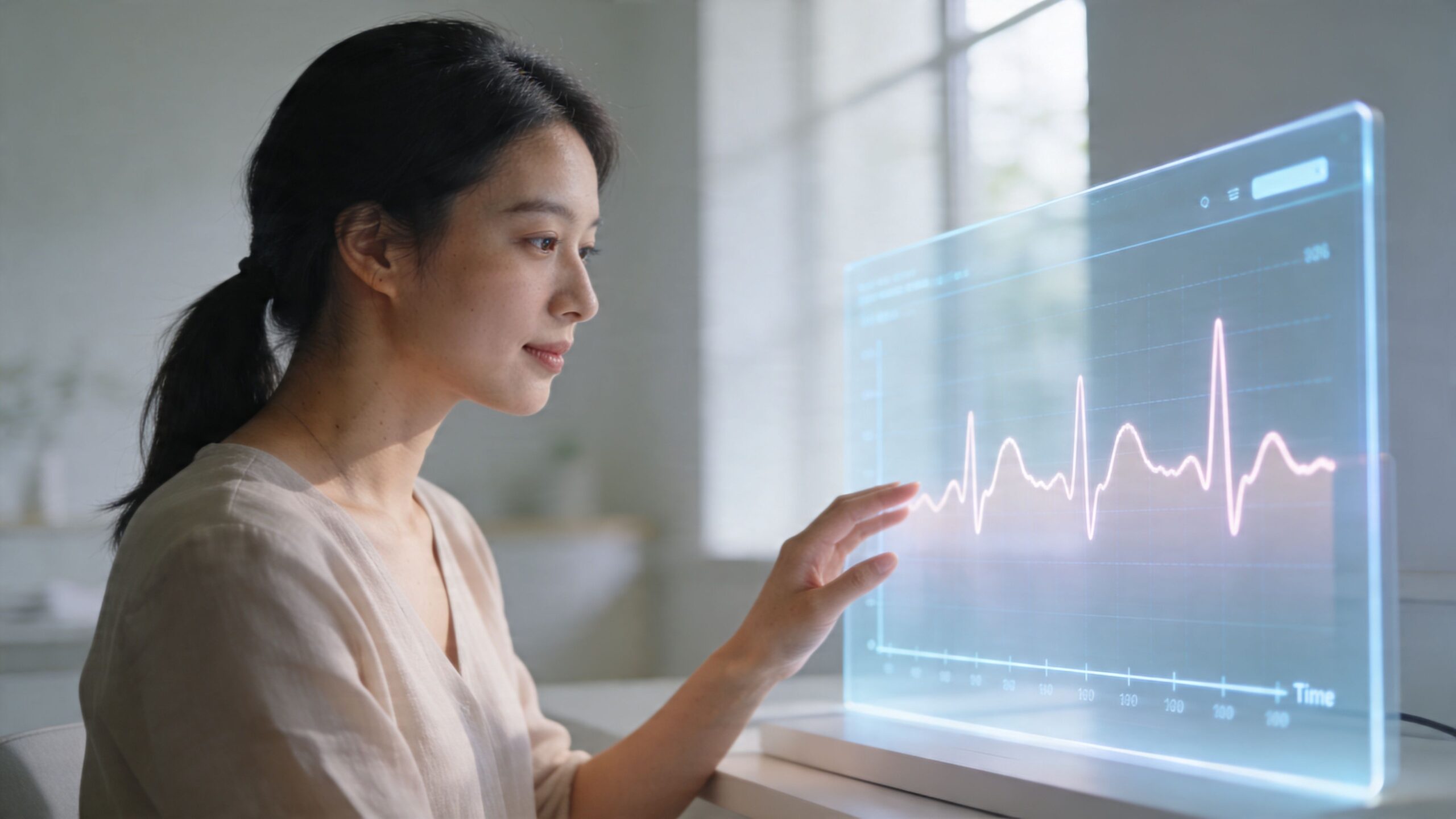 A young woman closely examines a translucent digital display showing an electrocardiogram heart rhythm graph.