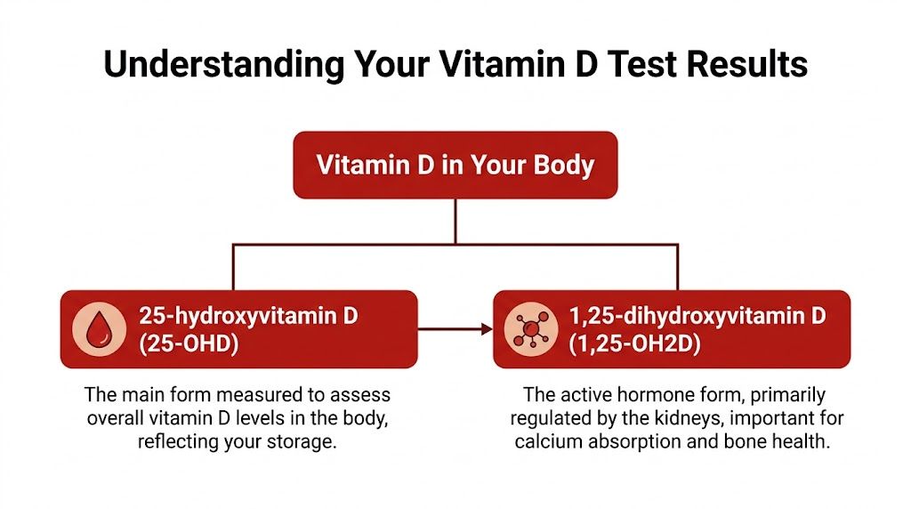 A diagram explaining two types of vitamin D tests: 25-hydroxyvitamin D for storage and 1,25-dihydroxyvitamin D for activity.