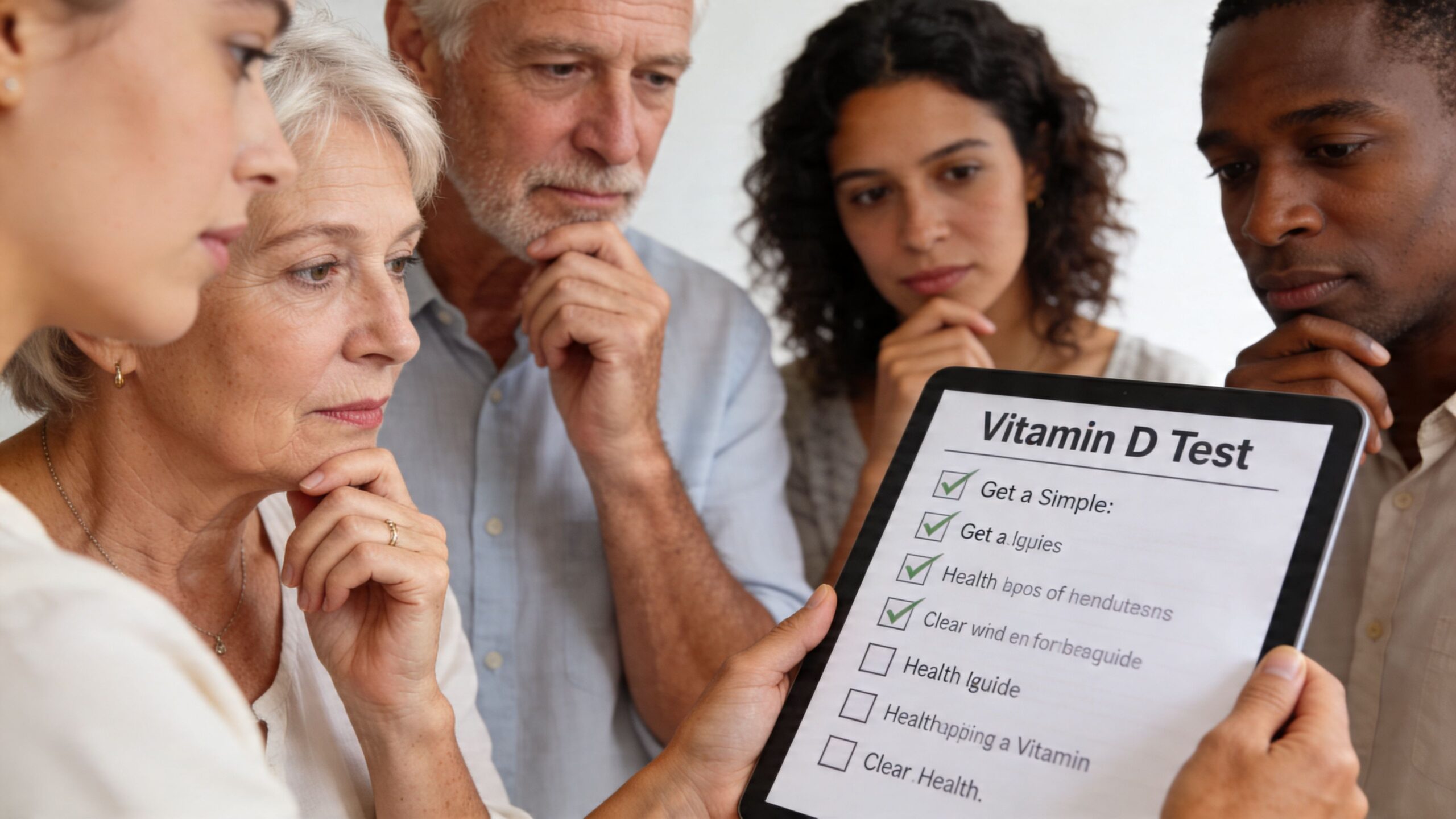 A diverse group of people looking at a tablet displaying a Vitamin D Test checklist.