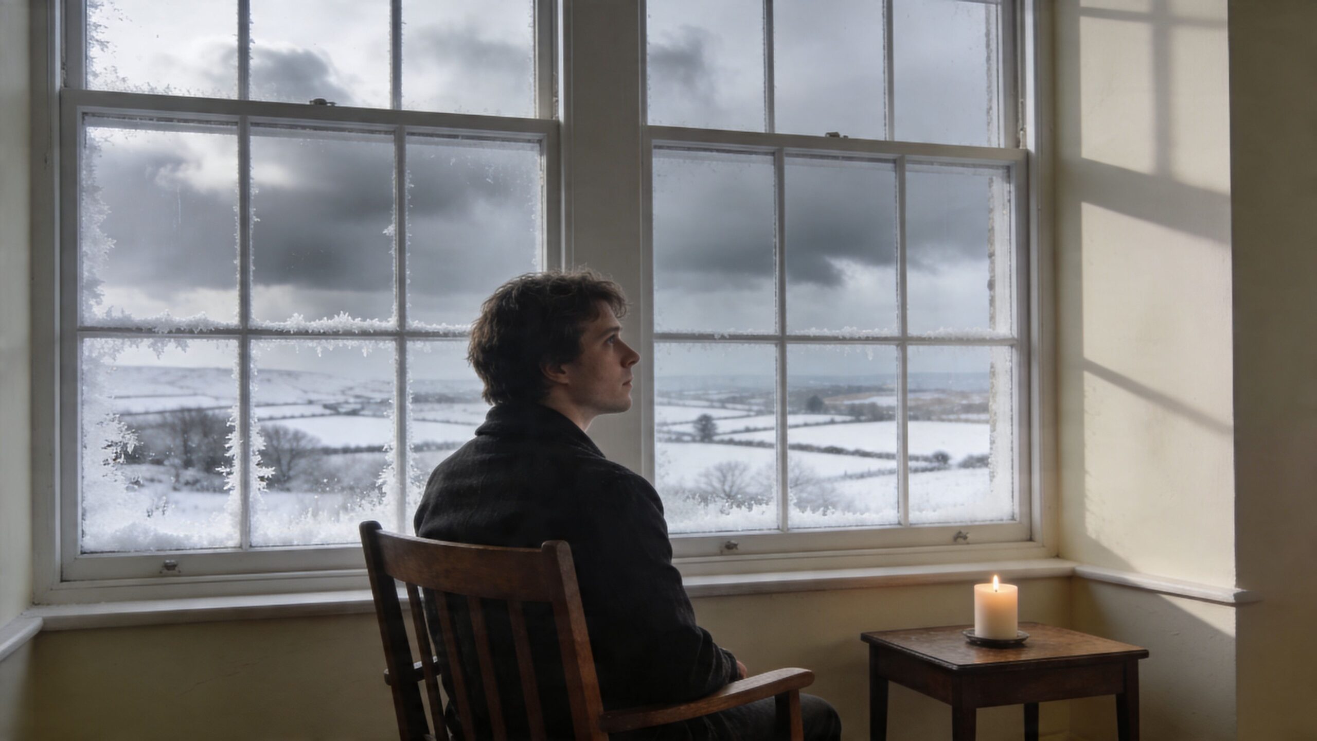 A young man sits in a wooden chair by a frost-covered window, watching a wintry landscape.