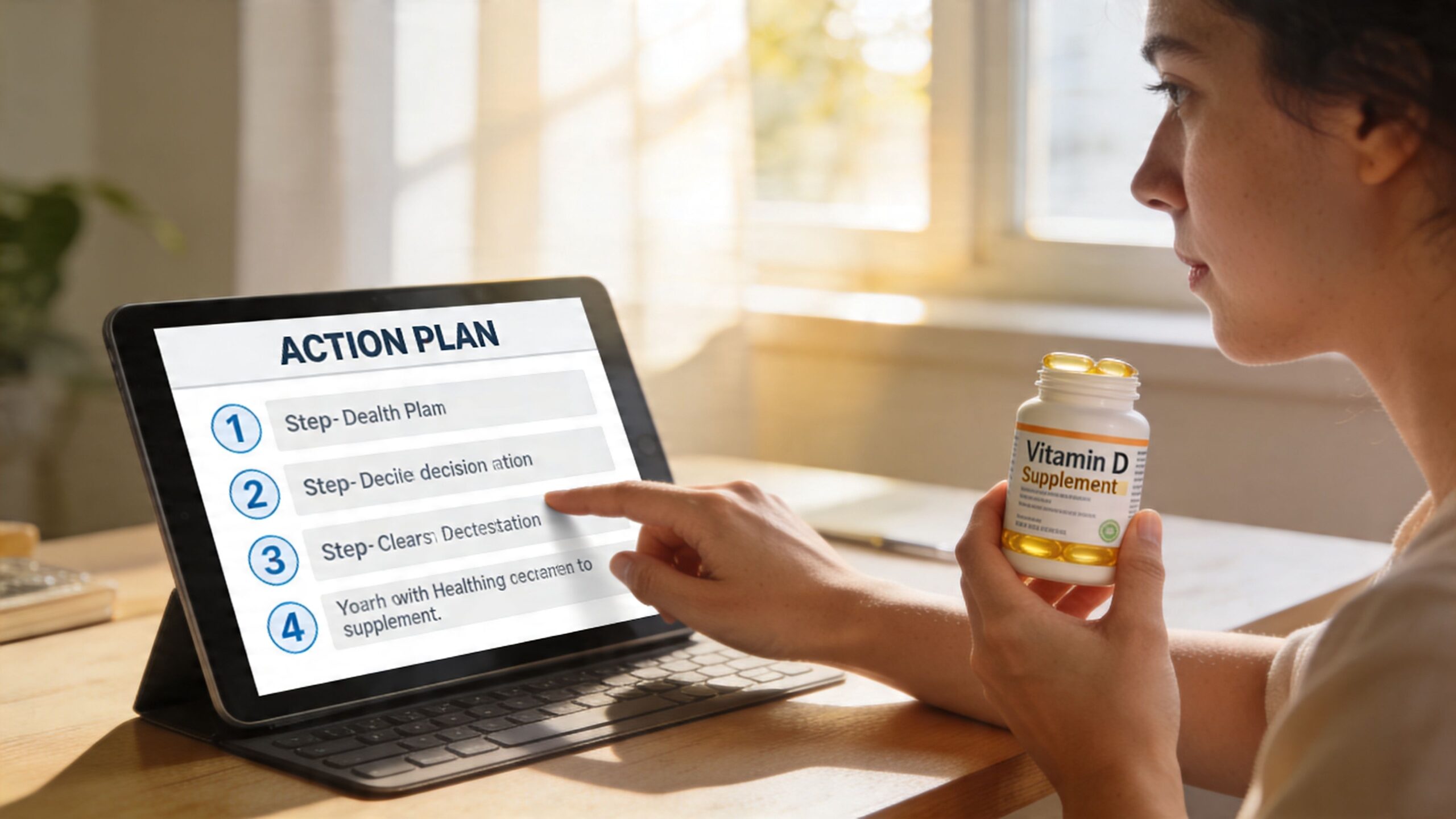 A person uses a tablet to view an action plan while holding a bottle of Vitamin D supplements.
