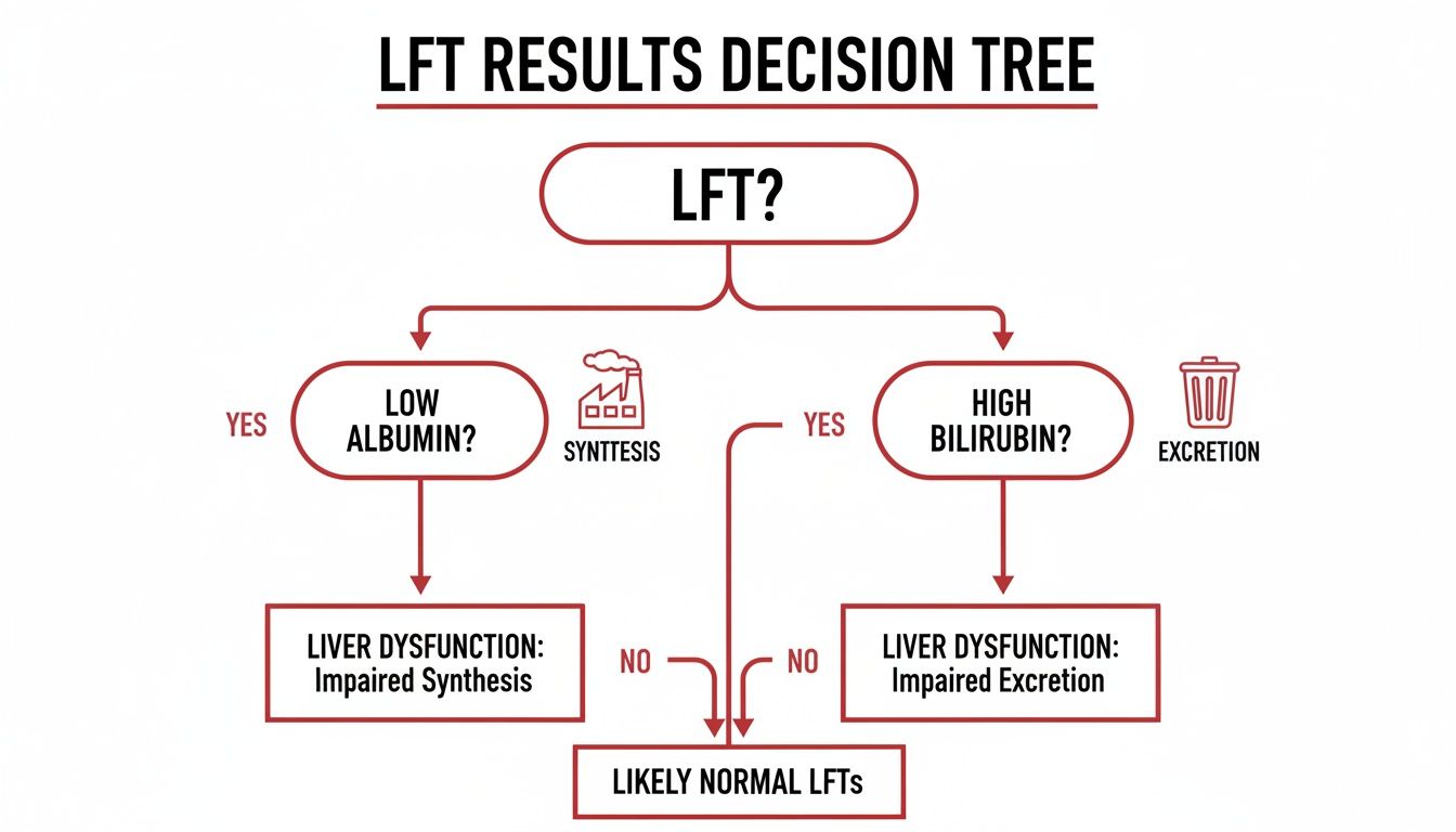 Decision tree showing how to interpret LFT results based on albumin and bilirubin levels.