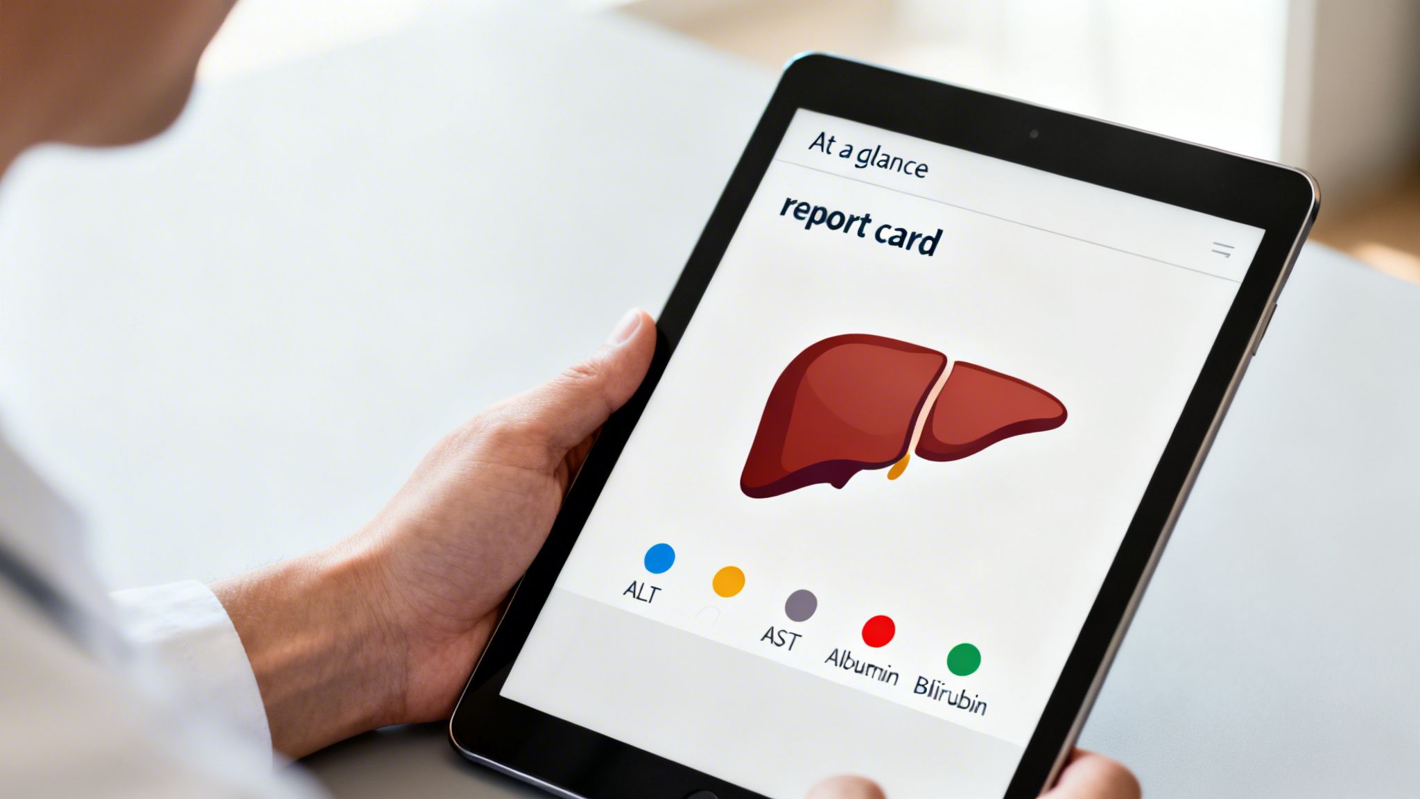 Close-up of a person holding a tablet displaying a liver function report card with an anatomical liver illustration.