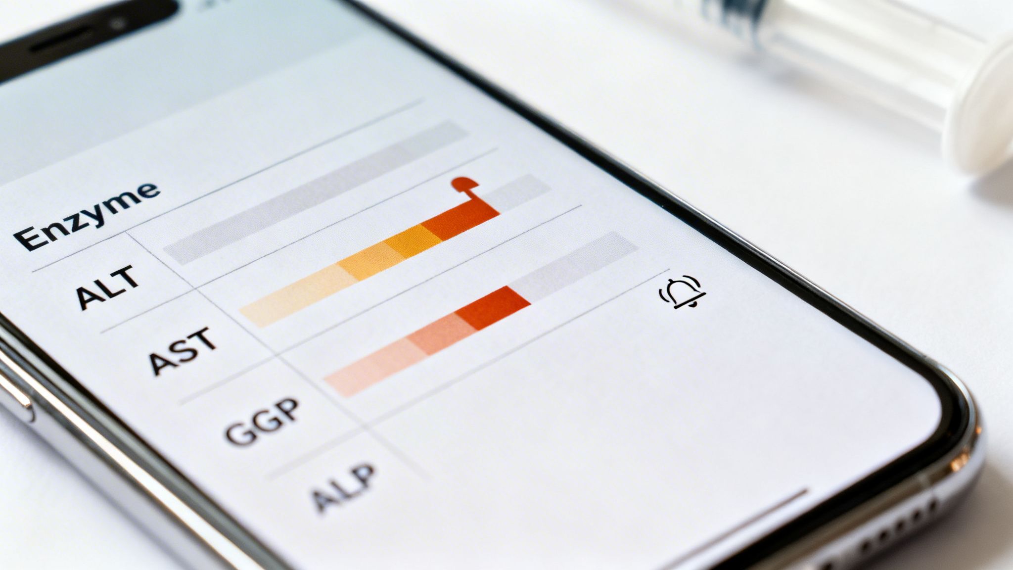 A smartphone displays liver function test results, showing elevated enzyme levels like ALT and AST, with a syringe nearby.