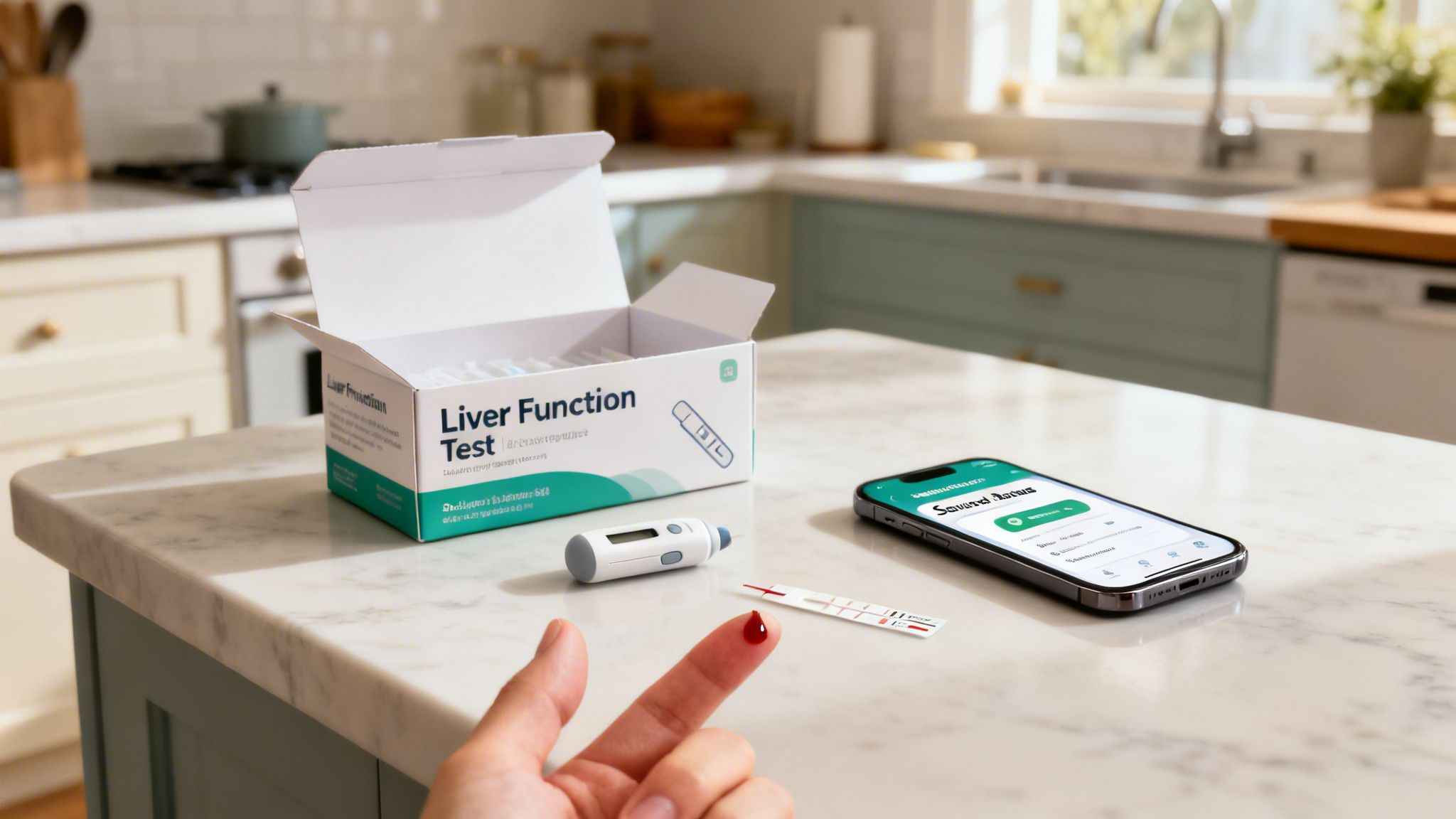 Person's finger with blood drop next to an at-home liver function test kit and smartphone.