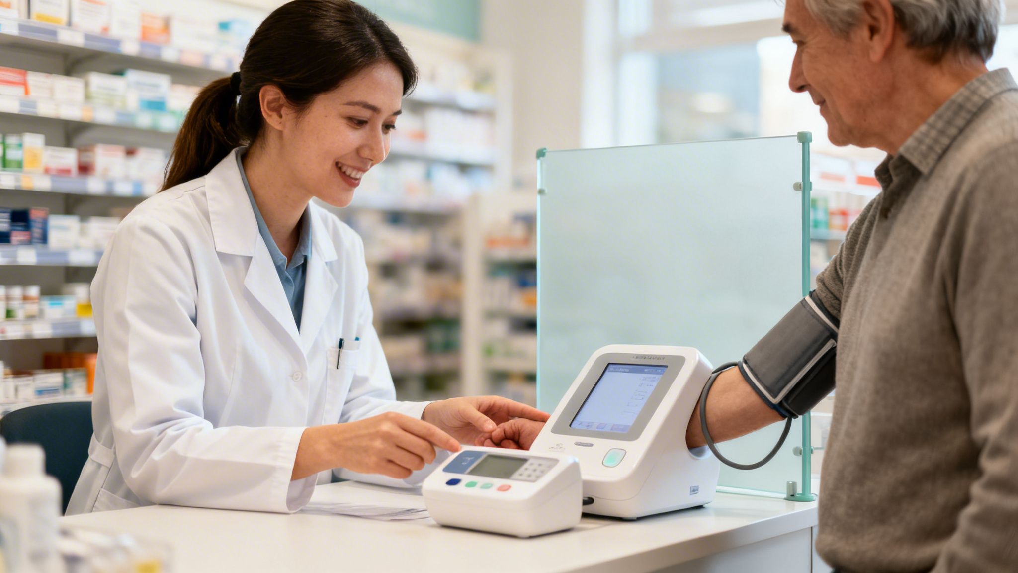 A smiling female pharmacist helps an elderly man check his blood pressure in a pharmacy.