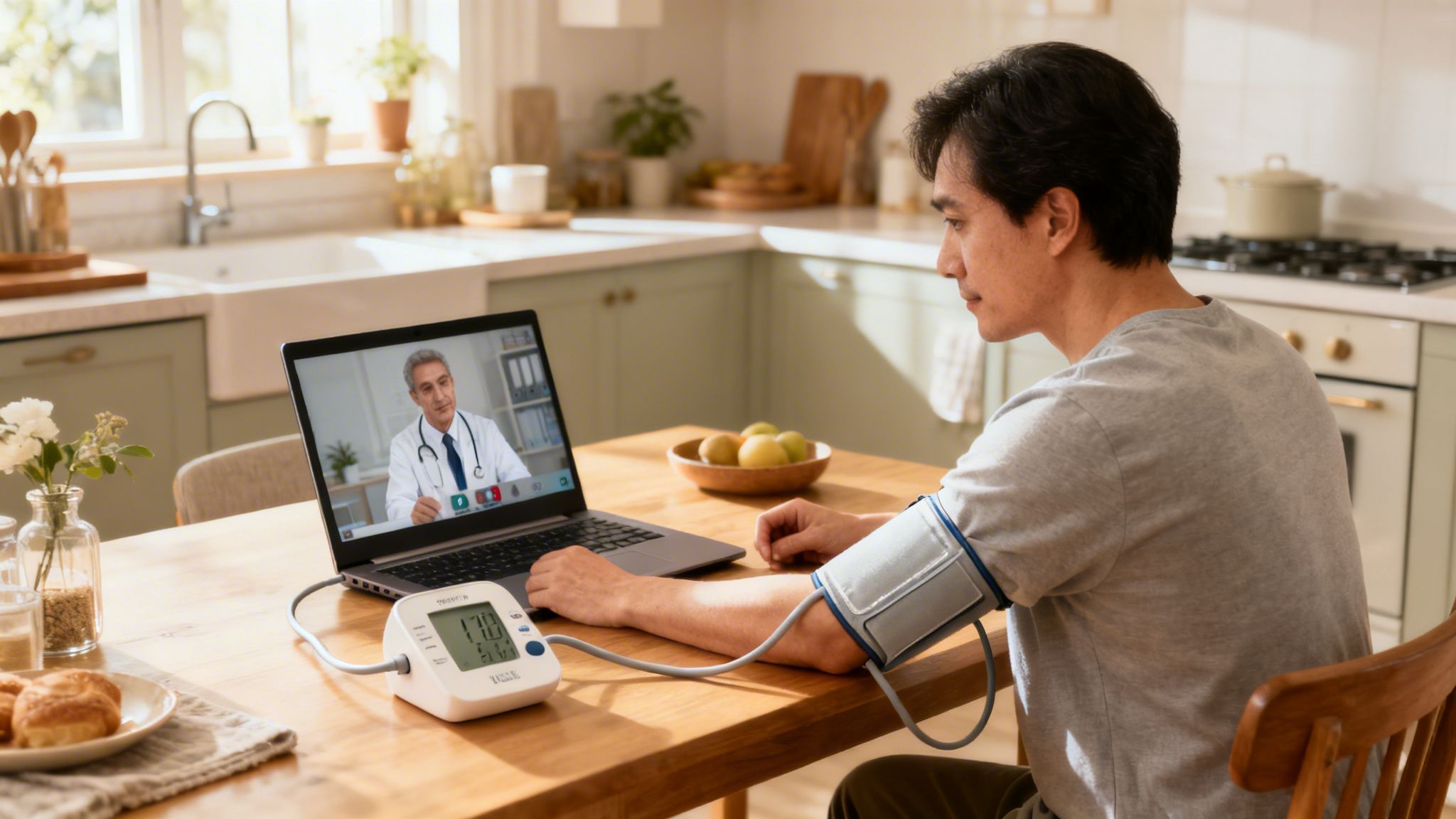 A man on a video call with a doctor, measuring his blood pressure at home.