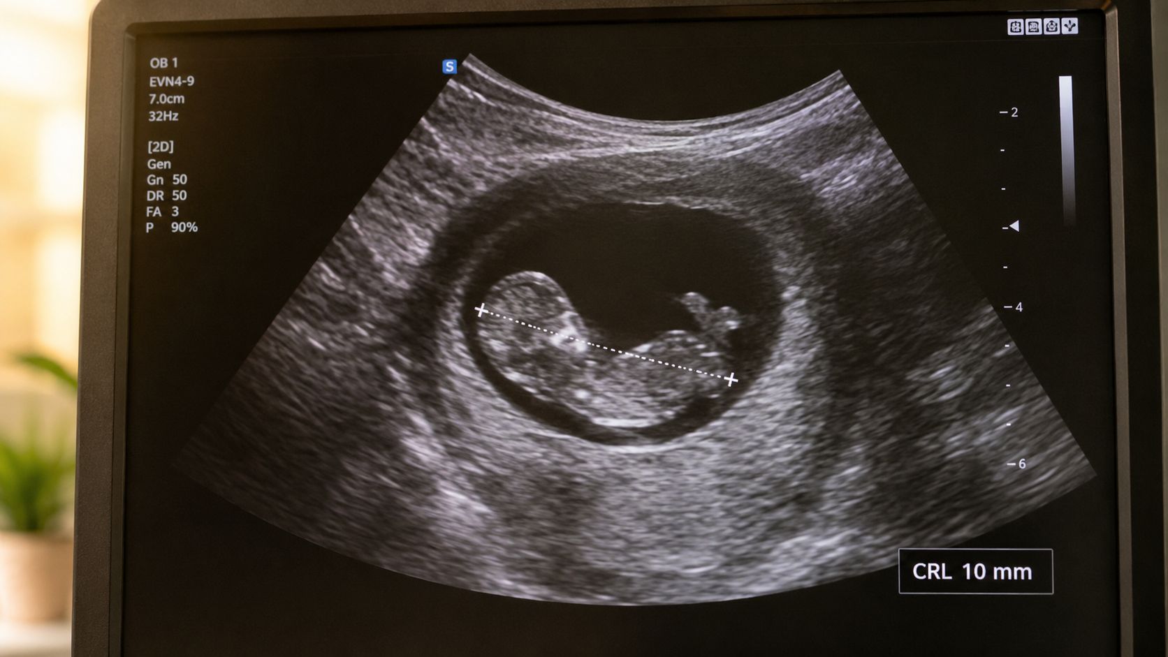 A black and white ultrasound image of a seven week fetus with a crown rump length measurement.