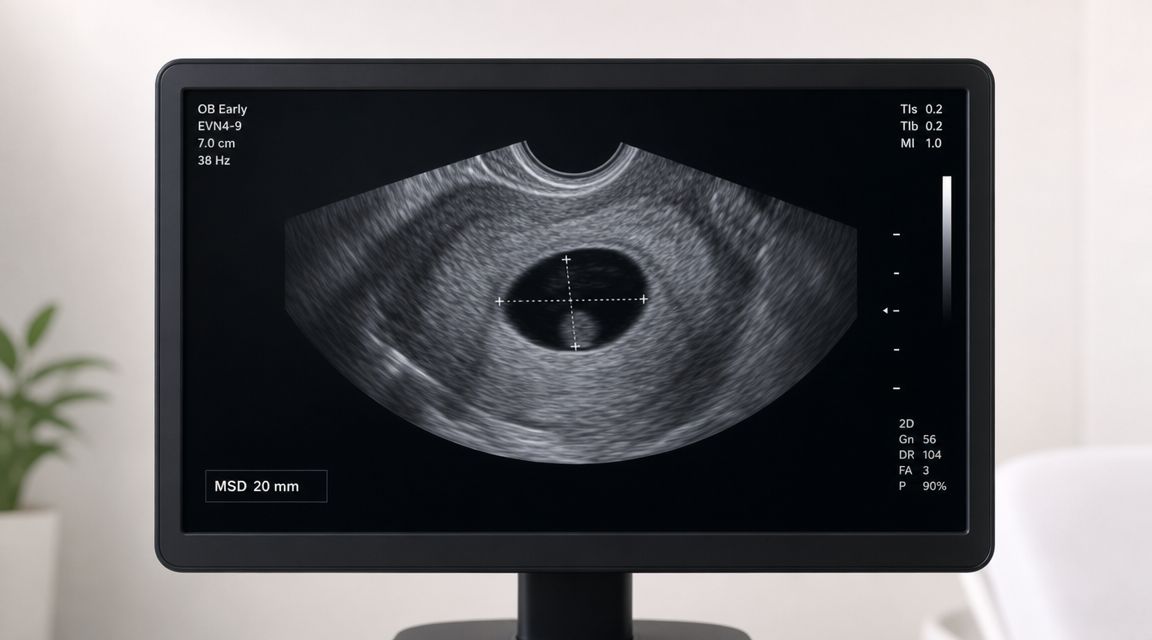 A black and white ultrasound image of a 7 week pregnancy showing a gestational sac and yolk sac.