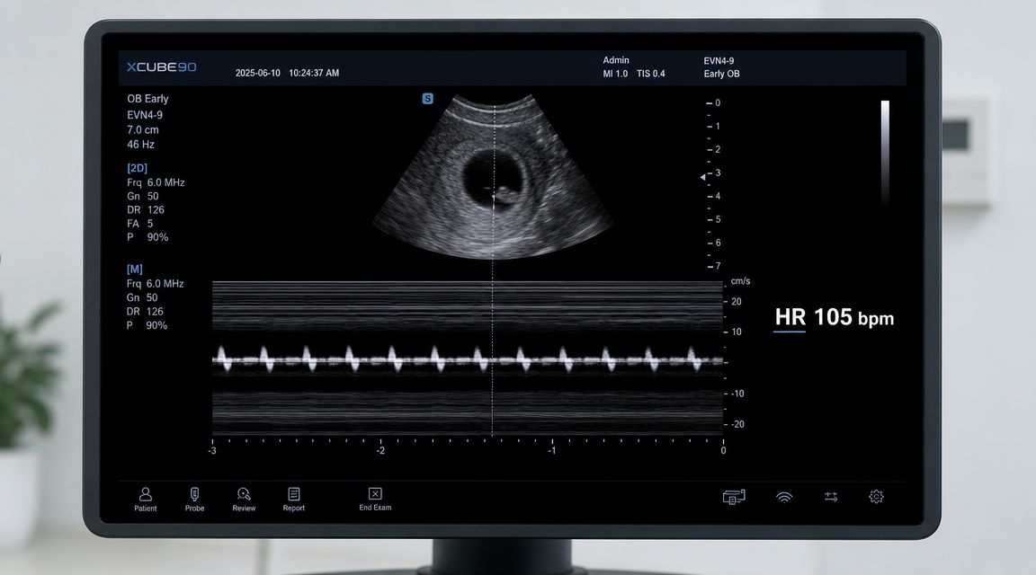 A close-up view of an ultrasound monitor displaying an early pregnancy scan with a heart rate of 105 beats per minute.
