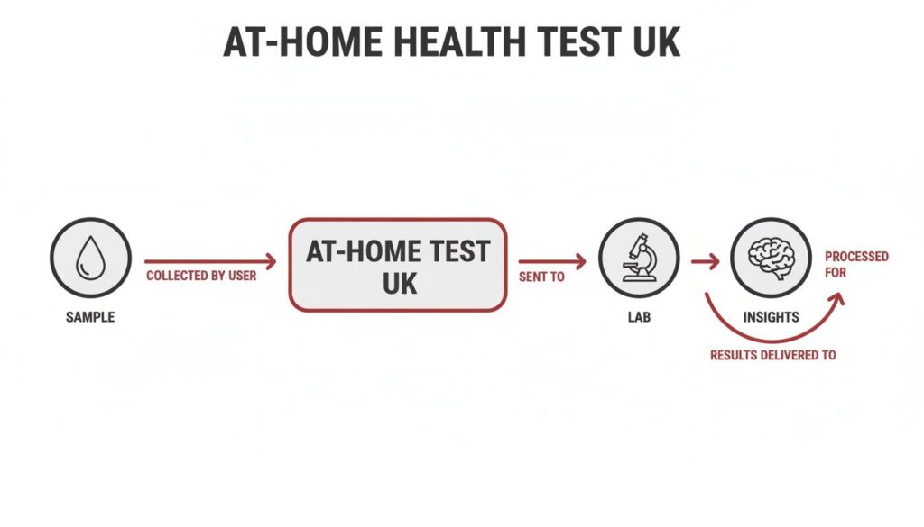 Flowchart illustrating the at-home health test UK process, from user sample collection to lab analysis and insights delivery.