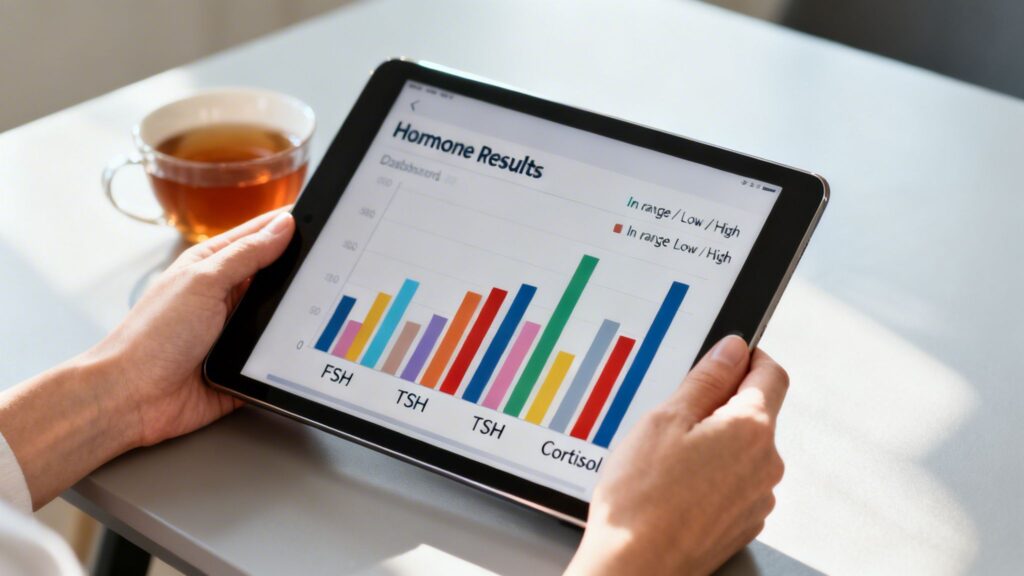 A person holds a tablet displaying a bar chart of hormone test results, including FSH, TSH, and Cortisol.