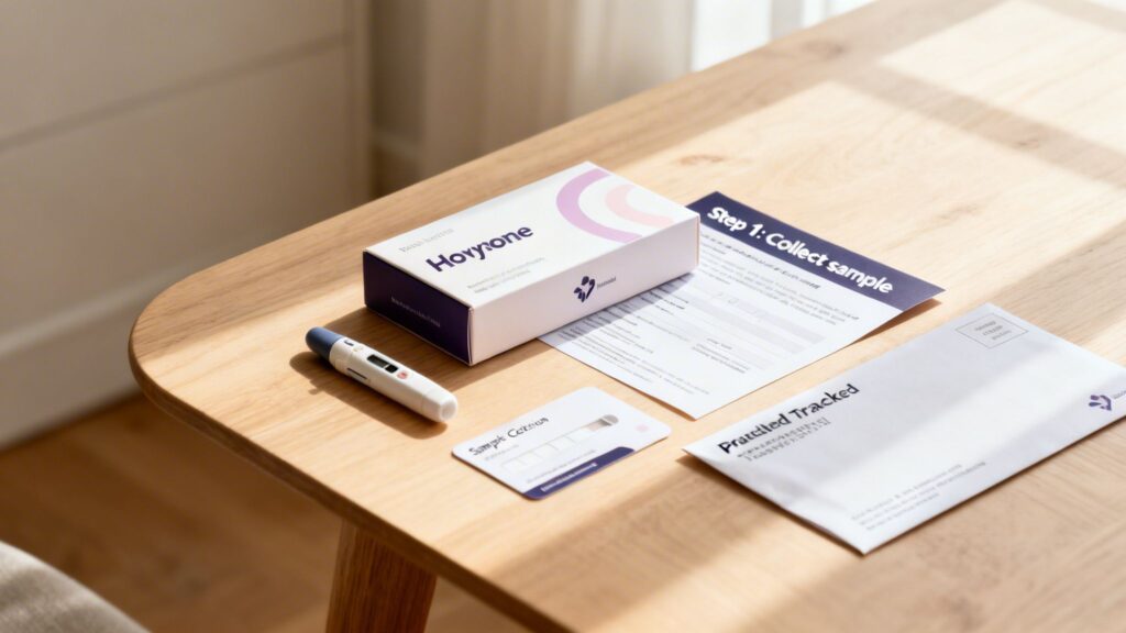 An at-home hormone test kit, including a collection device, sample card, instructions, and return envelope, on a wooden table.