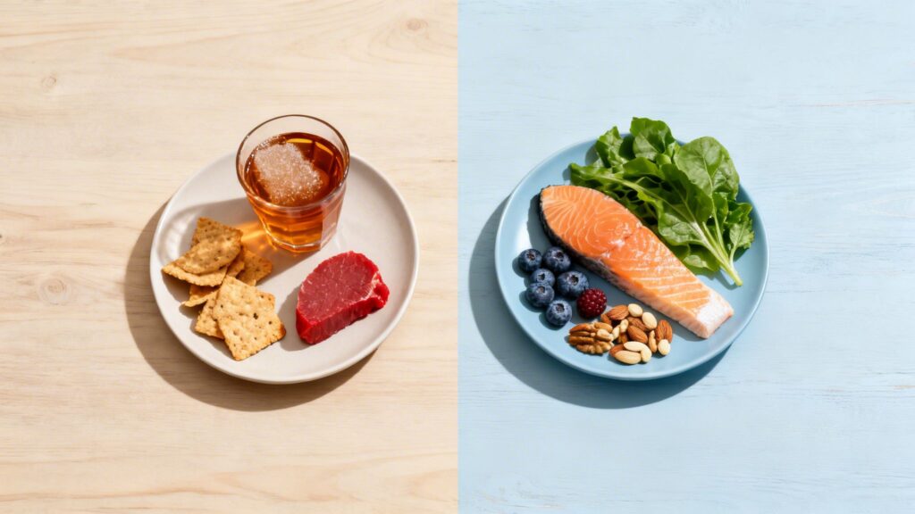 Two plates of food, one with steak and crackers, the other with salmon, spinach, and berries.
