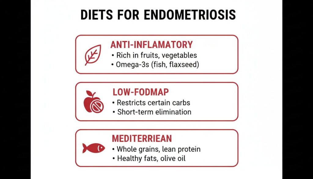 A list of three diets for endometriosis: Anti-Inflammatory, Low-FODMAP, and Mediterranean, with key details.