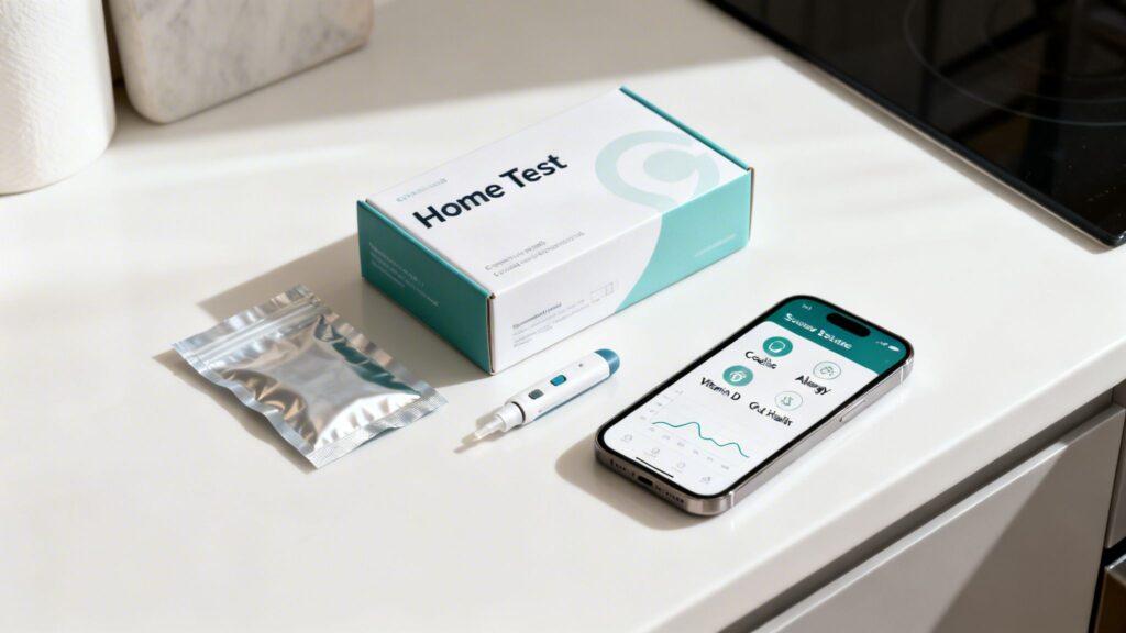 A white countertop displays a home health test kit, a medical device, and a smartphone showing health results.