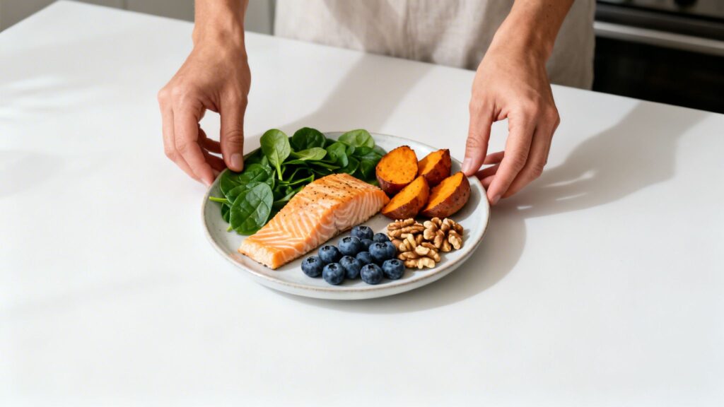 A person holding a plate with a healthy meal: salmon, spinach, sweet potatoes, blueberries, and walnuts.
