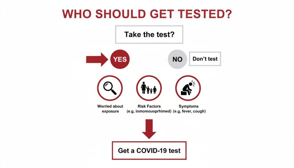 Flowchart explaining when to get a COVID-19 test, covering exposure worry, risk factors, and symptoms.