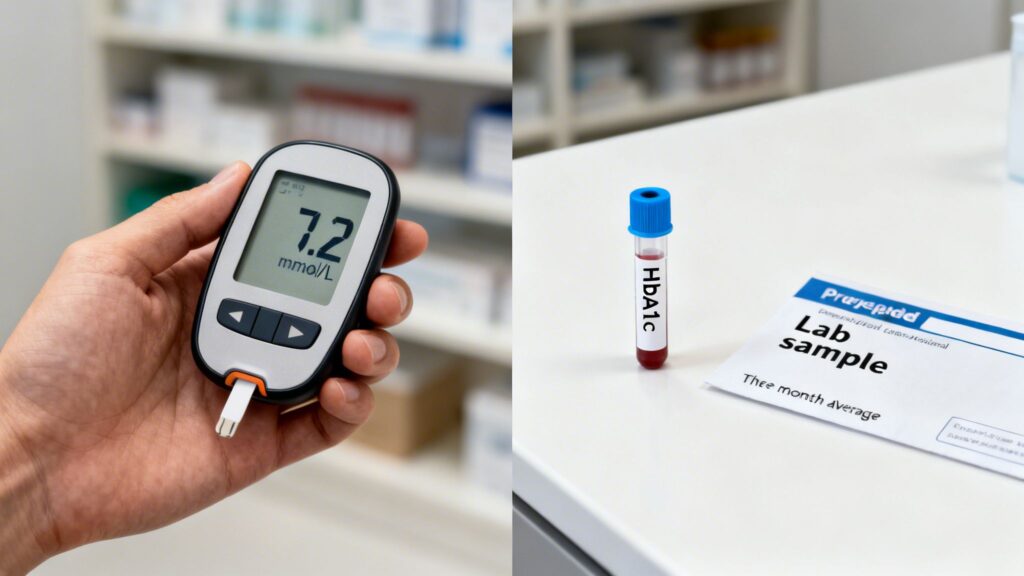 Monitoring diabetes: a hand holds a glucose meter showing 7.2, alongside an HbA1c blood sample.