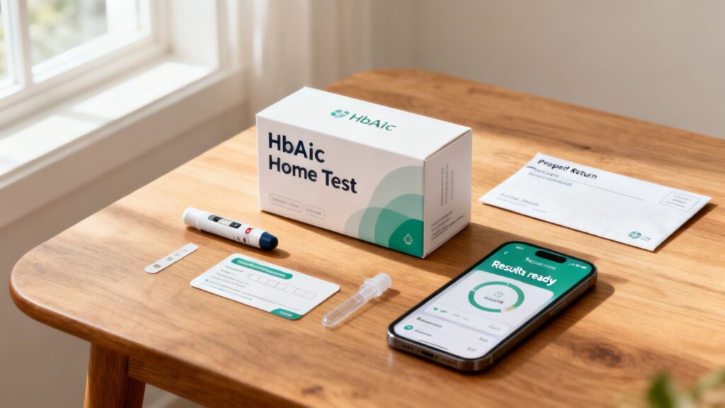 HbA1c home test kit, lancing device, collection tube, return envelope, and smartphone showing results on a wooden table.