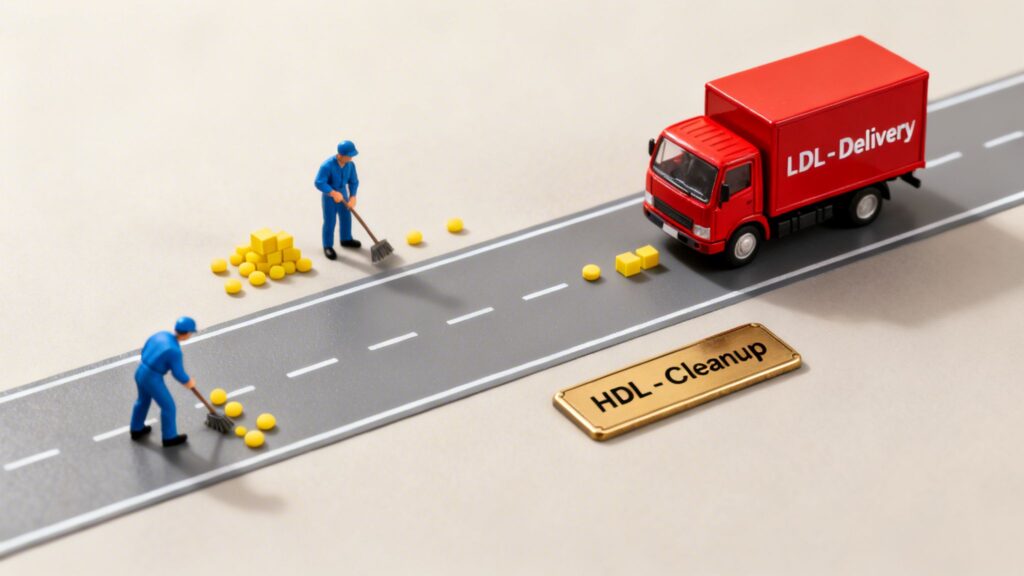 Miniature scene illustrating cholesterol management with an LDL-Delivery truck, workers sweeping yellow particles, and an HDL-Cleanup sign.