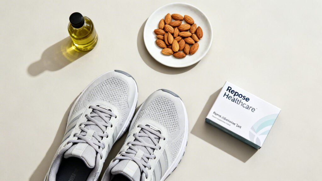 A flat lay of health and wellness items including running shoes, almonds, oil, and a cholesterol test kit.