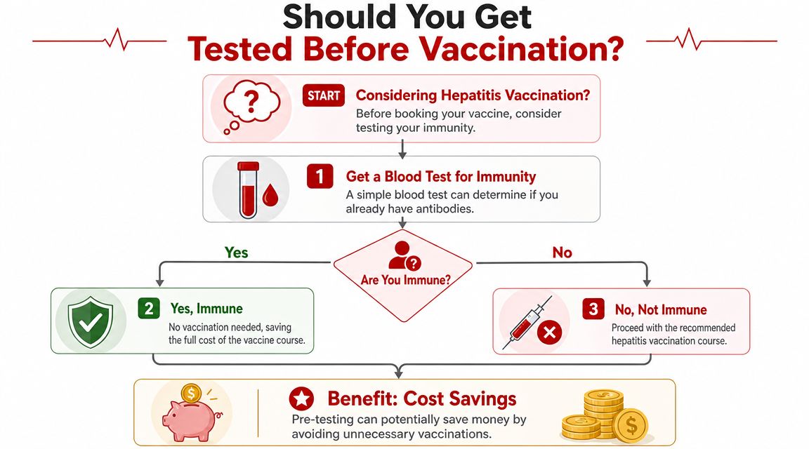 A flow chart explaining the benefits of getting tested for hepatitis immunity before choosing vaccination.