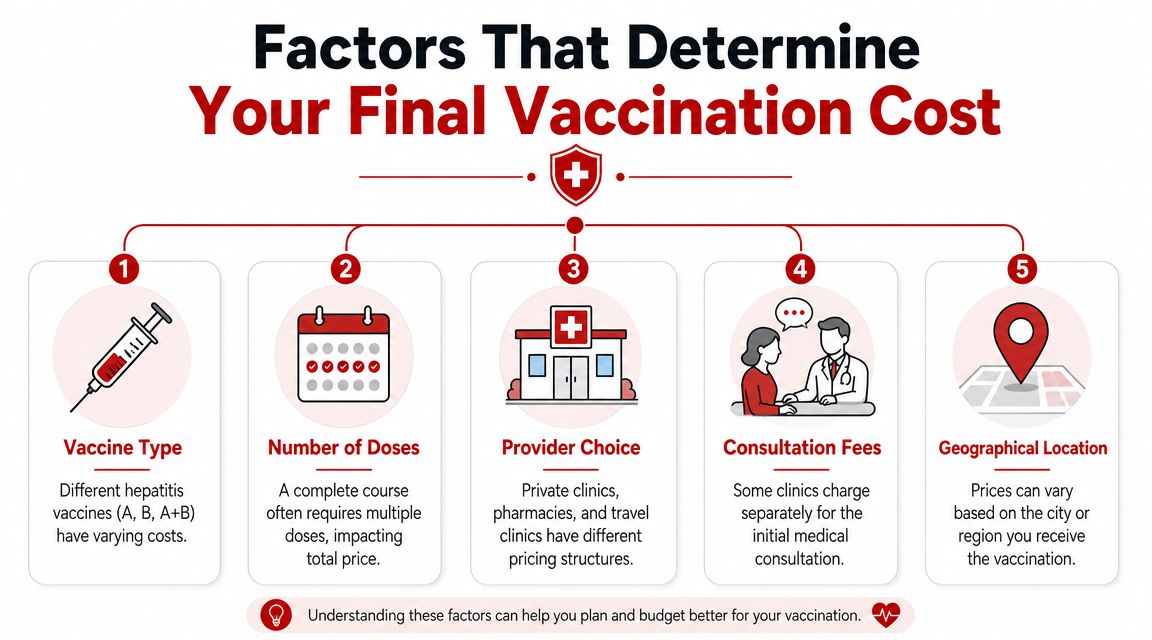 An infographic illustrating five key factors that influence the total cost of hepatitis vaccinations.