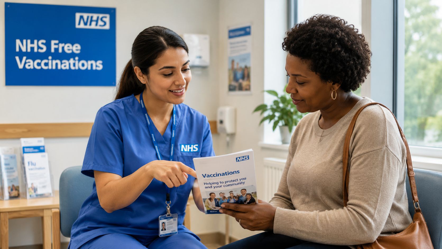 A friendly female healthcare professional explains vaccination information to a patient in a medical clinic office.