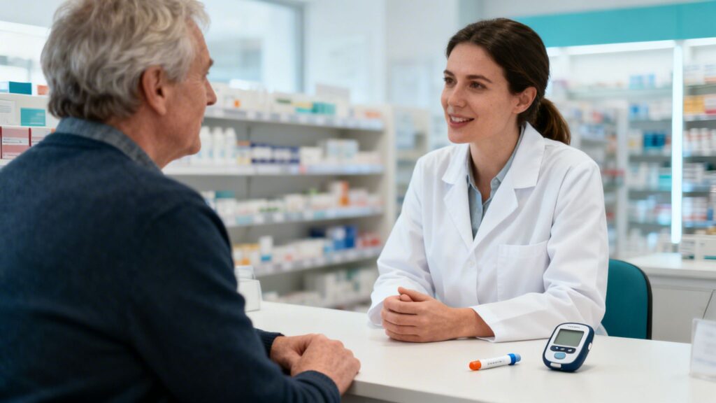 A friendly female pharmacist consults an elderly male patient about diabetes management at a pharmacy counter.