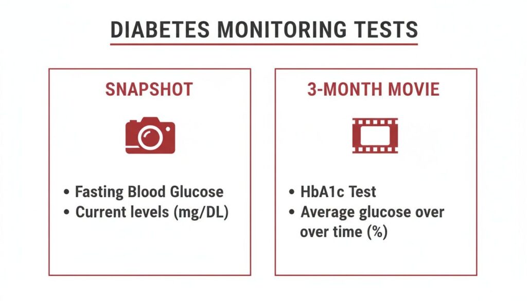 Infographic comparing two types of diabetes monitoring tests: snapshot blood glucose and 3-month HbA1c.