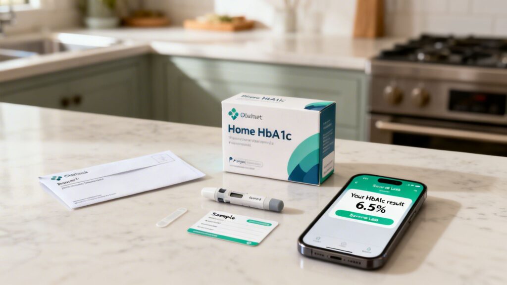 Home HbA1c diabetes test kit with a phone showing a 6.5% result on a kitchen counter.