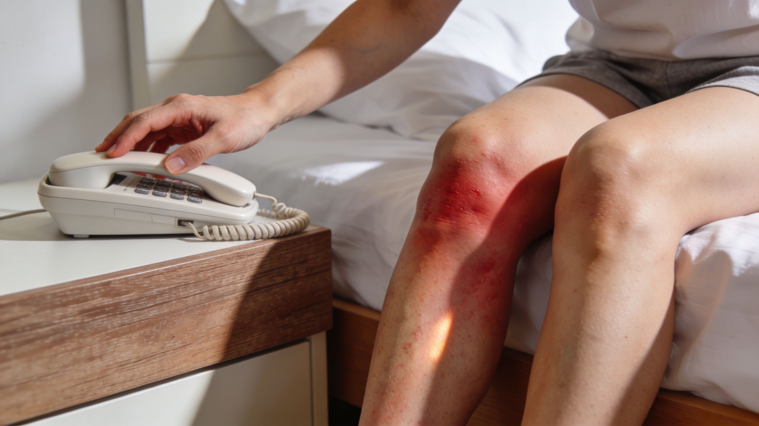 A person sitting on a bed reaching for a landline telephone while experiencing visible skin inflammation.