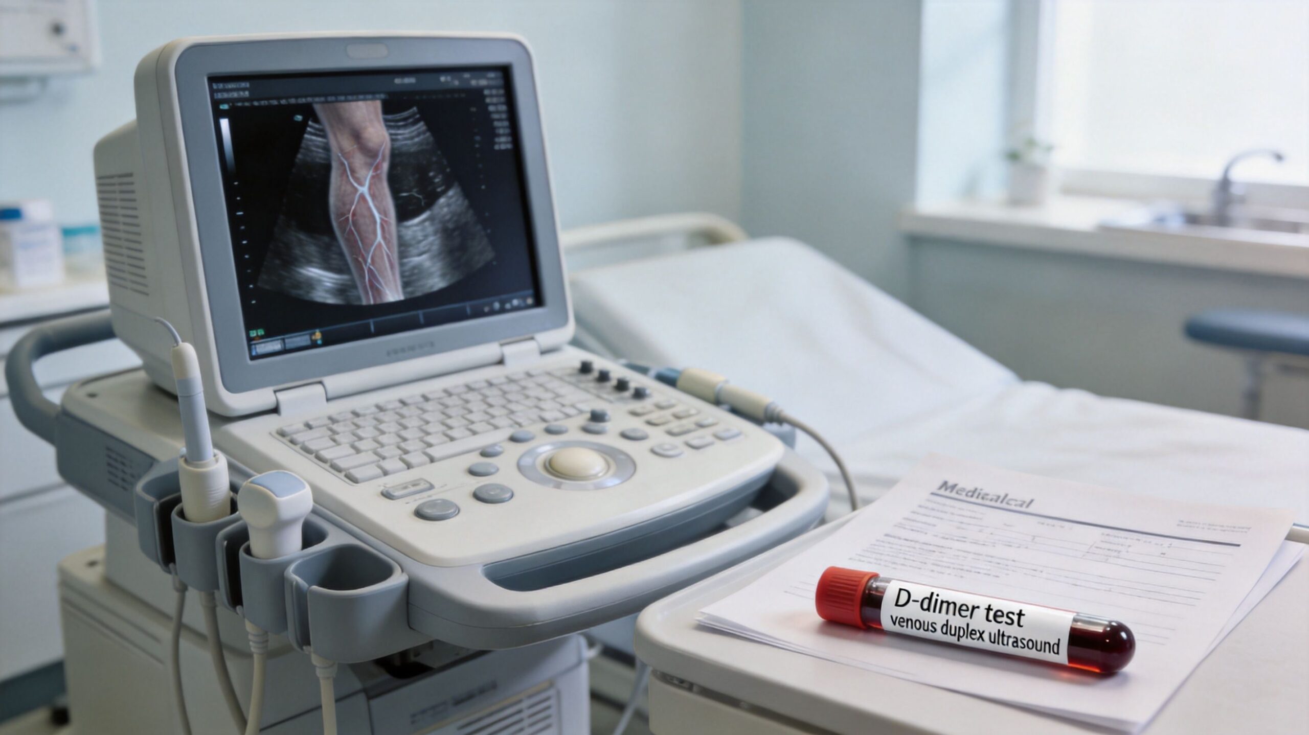 A medical ultrasound machine and a blood sample tube labeled D-dimer test in a clinical setting.