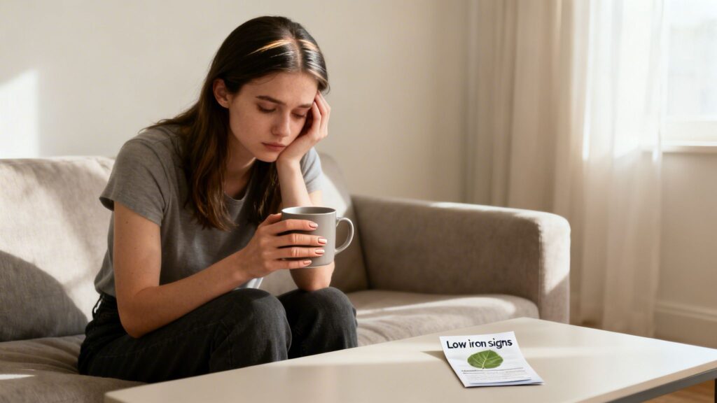 A tired woman sits on a couch, holding a mug, with a document titled "Low iron signs" nearby.