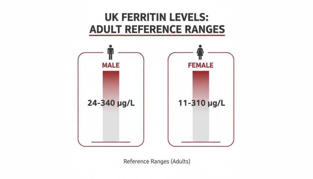UK adult ferritin reference ranges, showing levels for males (24-340 µg/L) and females (11-310 µg/L).