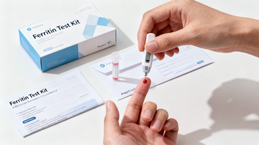 A person pricking their finger for a blood sample with a home ferritin test kit.