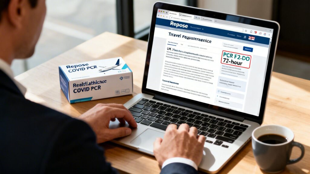A man researches 'Repose COVID PCR' tests for travel on his laptop with a test kit.