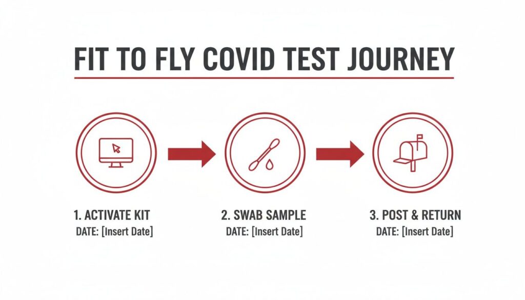 A flowchart illustrating the Fit to Fly COVID test journey with three steps: activate kit, swab sample, and post & return.