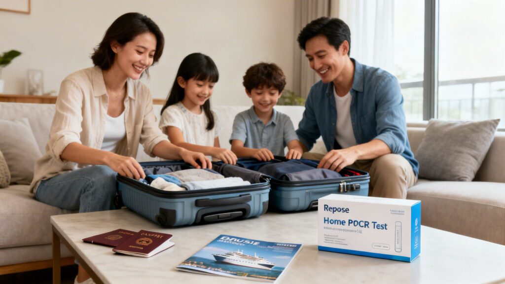 Smiling family packing luggage for a trip, with passports and a Repose Home PDCR Test on the table.