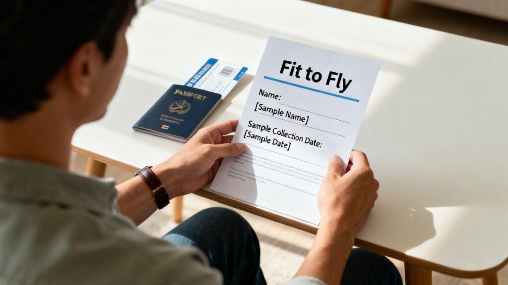 Man holding a 'Fit to Fly' test result, with a passport and flight ticket on the table.